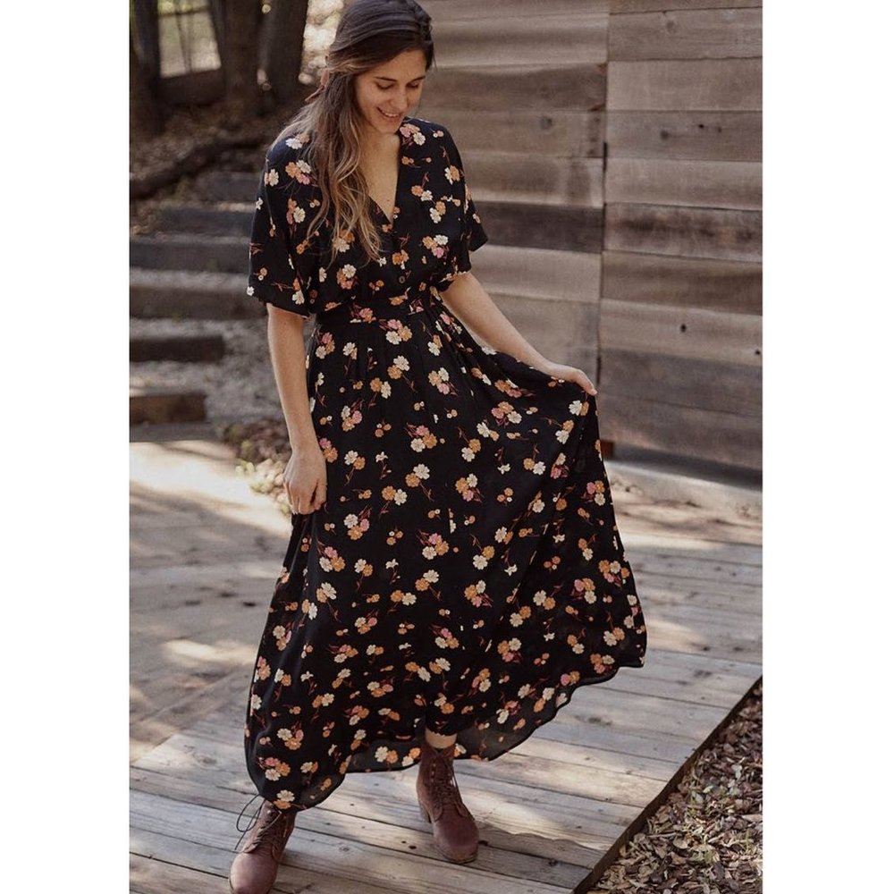 Christy Dawn Lottie Black Maxi Dress with Peach and Cream Floral Print